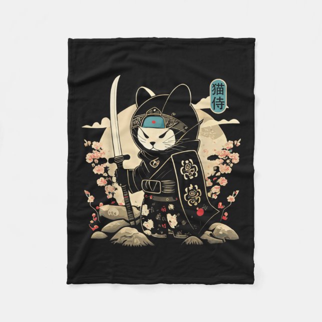 Japansk samurai Cat Tattoo Kawaii Ninja Cat_1 Fleecefilt (Framsidan)