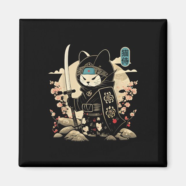 Japansk samurai Cat Tattoo Kawaii Ninja Cat_1 Magnet (Framsidan)