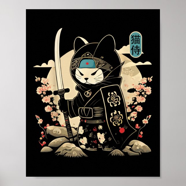 Japansk samurai Cat Tattoo Kawaii Ninja Cat_1 Poster (Framsidan)