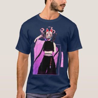 Japansk samurai Girl Kitsune Mask Katana Fo Mask T Shirt
