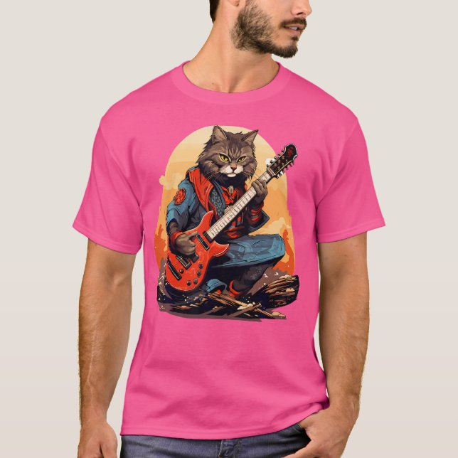 Japansk samurai-katt som spelar Electric Guitar T Shirt (Framsida)