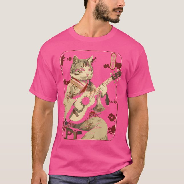 Japansk samurai-katt som spelar Electric Guitar T Shirt (Framsida)