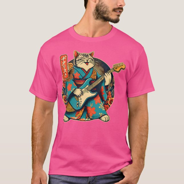 Japansk samurai-katt som spelar Electric Guitar T Shirt (Framsida)