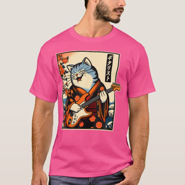 Japansk samurai-katt som spelar Electric Guitar T Shirt (Framsida)