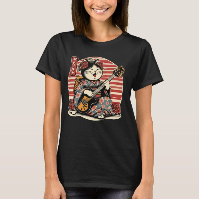 Japansk samurai-katt som spelar Electric Guitar T Shirt (Framsida)