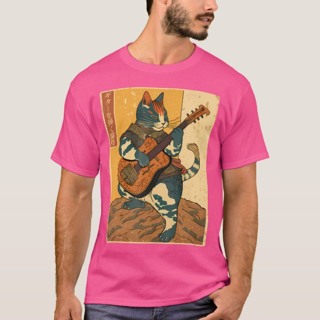 Japansk samurai-katt som spelar Electric Guitar T Shirt (Framsida)