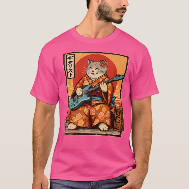 Japansk samurai-katt som spelar Electric Guitar T Shirt (Framsida)
