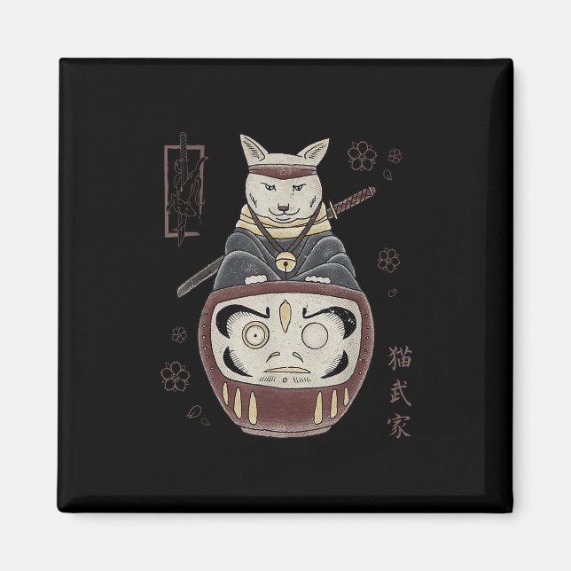 Japansk samurai Ninja-katt på Daruma Traditional T Magnet (Framsidan)