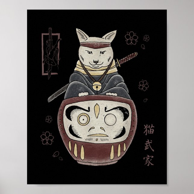 Japansk samurai Ninja-katt på Daruma Traditional T Poster (Framsidan)