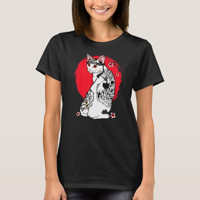 Japansk samurai Senpai Cat Tattoo Teacher Master T Shirt (Framsida)