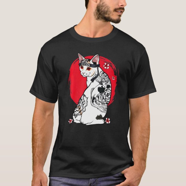 Japansk samurai Senpai Cat Tattoo Teacher Master T Shirt (Framsida)
