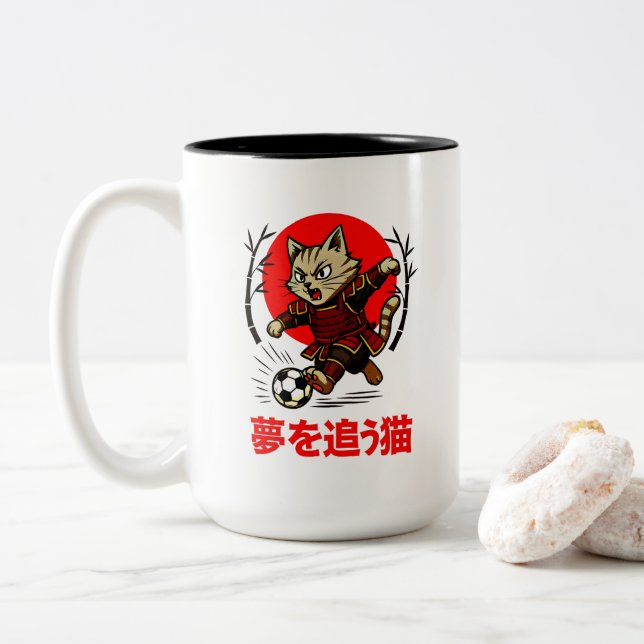 Japansk Samuraj Fotboll Anime Neko Drömjägare Två-Tonad Mugg (Med munk)