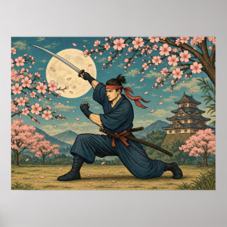 Japansk Samuraj Fullmåne Körsbärsblomster Affisch