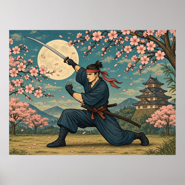 Japansk Samuraj Fullmåne Körsbärsblomster Affisch (Framsidan)