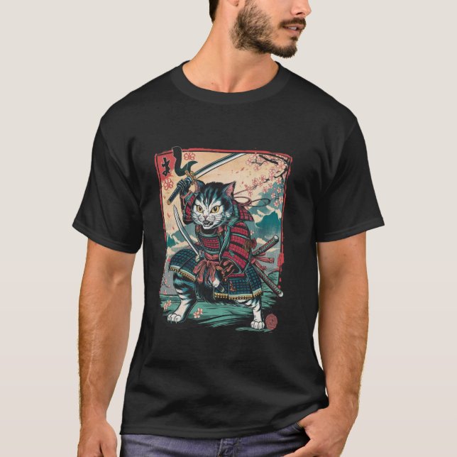 Japansk Samuraj Katt Ninja Katt T Shirt (Framsida)