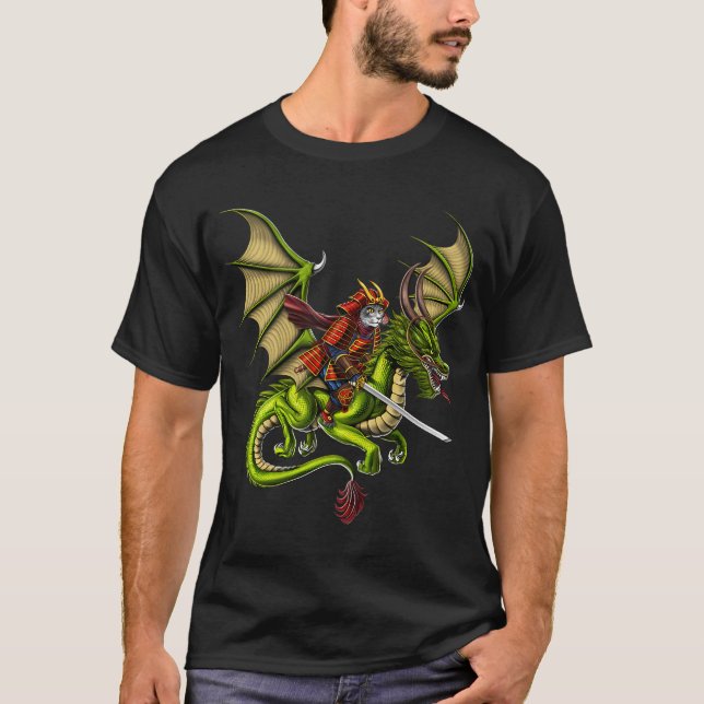 Japansk Samuraj Katt Ridande Drakon T Shirt (Framsida)