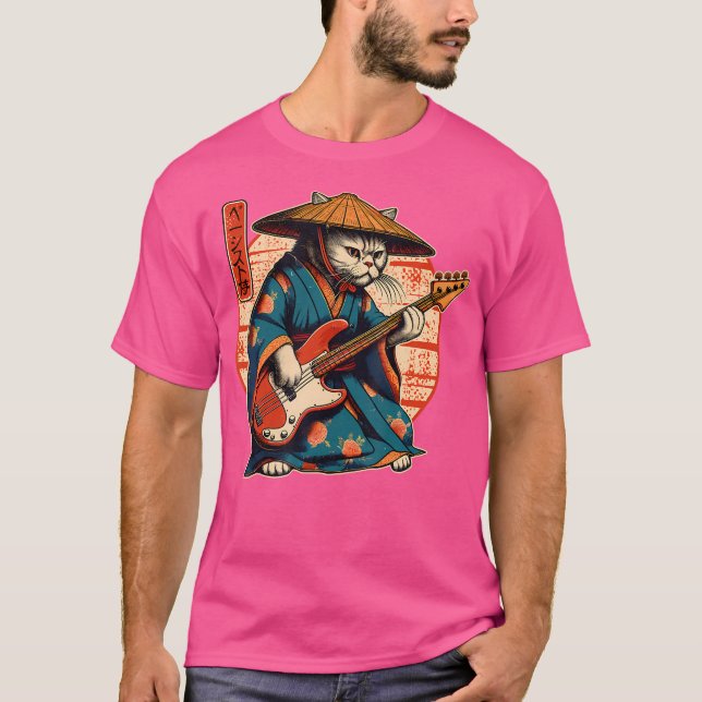 Japansk Samuraj Katt som Spelar Bas T Shirt (Framsida)