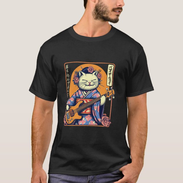 Japansk Samuraj Katt Spelar Elbas T Shirt (Framsida)