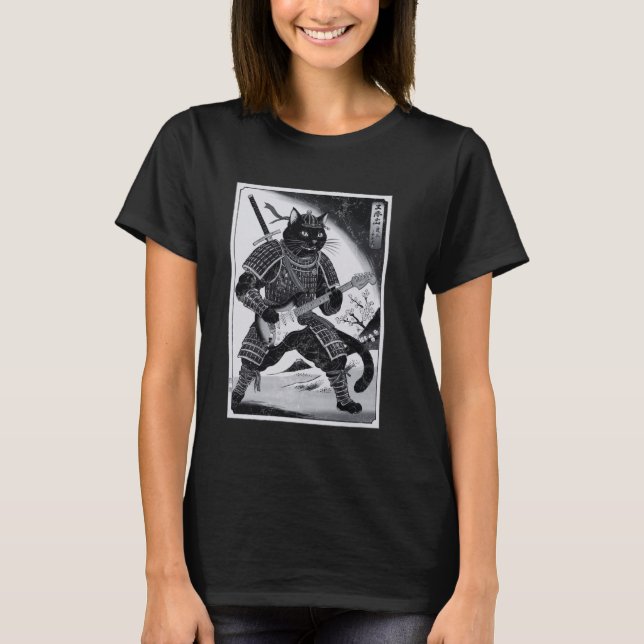 Japansk Samuraj Katt Spelar Elgitarr Ukiyo T Shirt (Framsida)