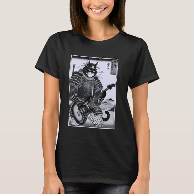 Japansk Samuraj Katt Spelar Elgitarr Ukiyo T Shirt (Framsida)