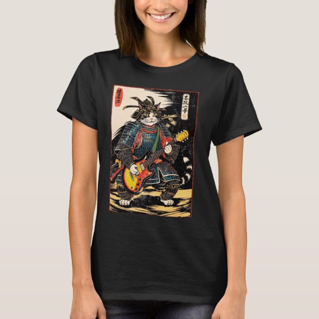 Japansk Samuraj Katt Spelar Elgitarr Ukiyo T Shirt (Framsida)