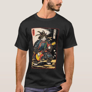 Japansk Samuraj Katt Spelar Elgitarr Ukiyo T Shirt