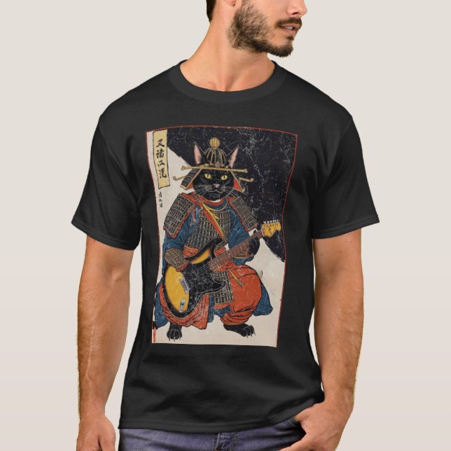 Japansk Samuraj Katt Spelar Elgitarr Ukiyo T Shirt (Framsida)