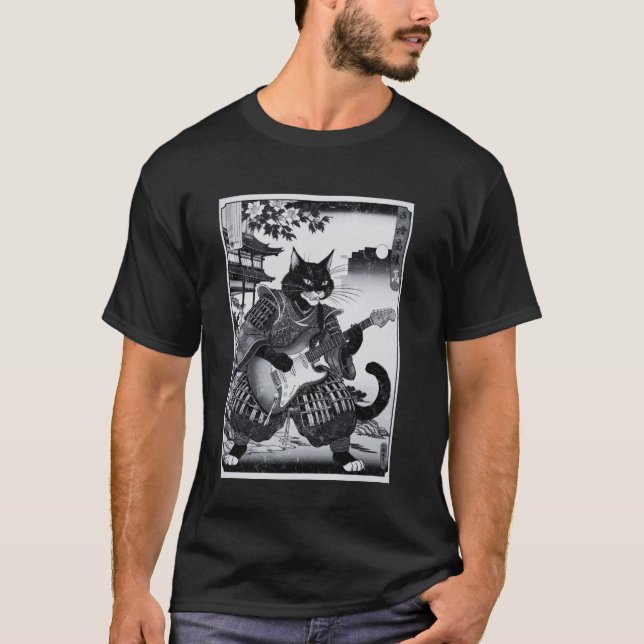 Japansk Samuraj Katt Spelar Elgitarr Ukiyo T Shirt (Framsida)