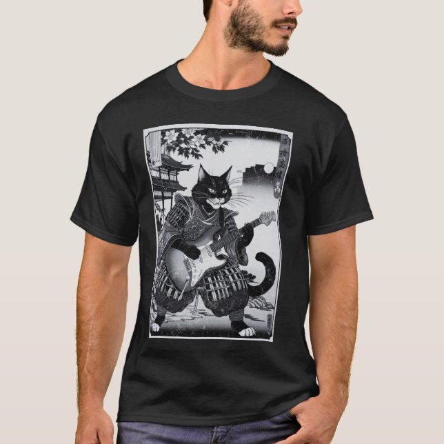 Japansk Samuraj Katt Spelar Elgitarr Ukiyo T Shirt (Framsida)