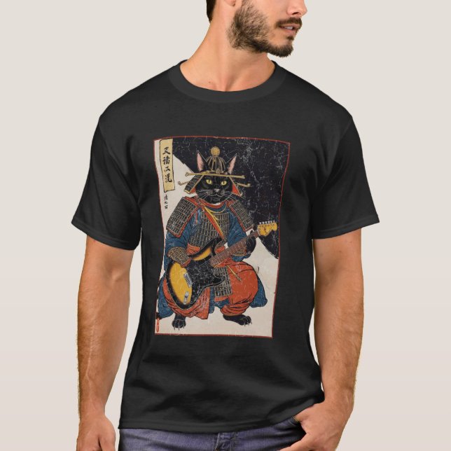 Japansk Samuraj Katt Spelar Elgitarr Ukiyo T Shirt (Framsida)