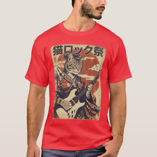 Japansk Samuraj Katt Spelar Elgitarr Vinta T Shirt