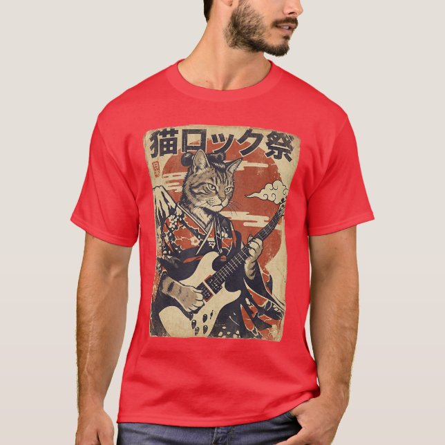 Japansk Samuraj Katt Spelar Elgitarr Vinta T Shirt (Framsida)