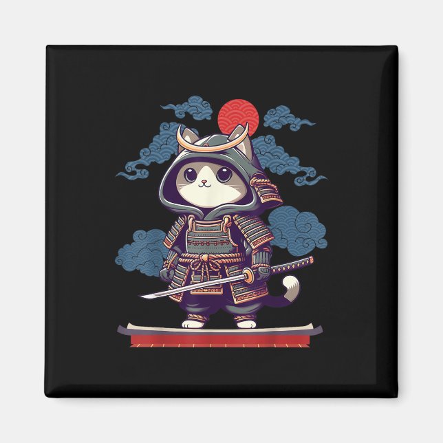 Japansk Samuraj Katt Tatuering Kawaii Ninja Katt A Magnet (Framsidan)