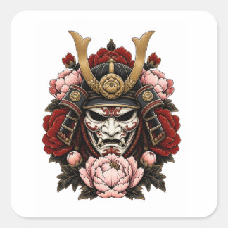 Japansk Samuraj Krigare Ros Tatuering Konst Fyrkantigt Klistermärke