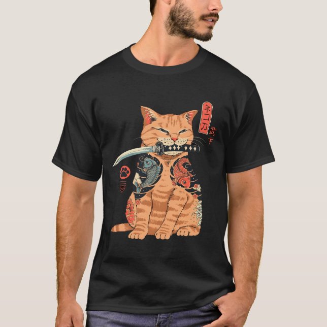 Japansk Samuraj Ninja Katt Kawaii Tatuering T Shirt (Framsida)