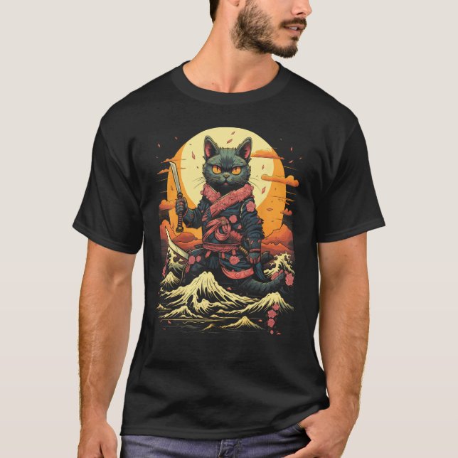 Japansk Samuraj Ninja Katt Retro Tattoo Grafik 16 T Shirt (Framsida)