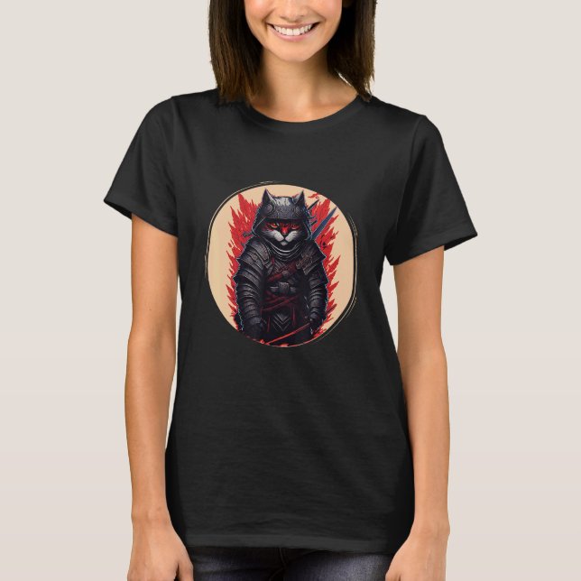 Japansk Samuraj Ninja Katt T Shirt (Framsida)