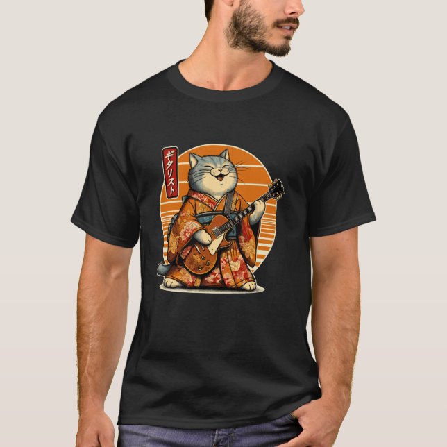 Japansk Samurajkat som spelar elgitarr T Shirt (Framsida)