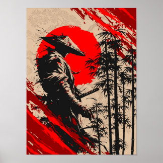 Japansk Samurajkrigare Bläcktvätt Poster
