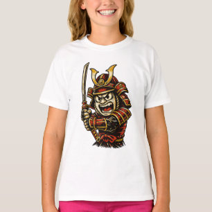 Japansk Samurajkrigare Röd Rustning Tecknad Konst T Shirt