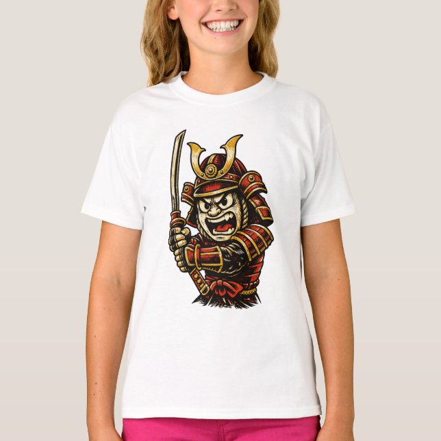 Japansk Samurajkrigare Röd Rustning Tecknad Konst T Shirt (Framsida)