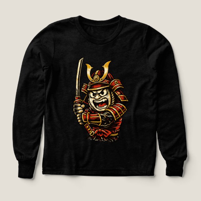 Japansk Samurajkrigare Röd Rustning Tecknad Konst T Shirt (Design framsida)