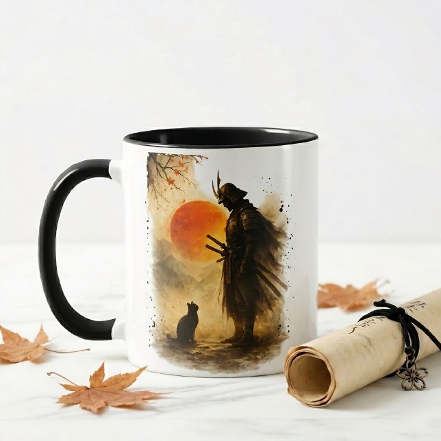  Japansk Samurajkrigare & Svart Katt Kaffe  Mugg (Skapare uppladdad)