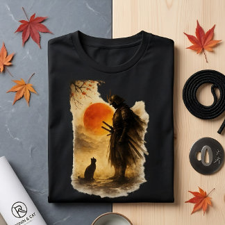 Japansk Samurajkrigare & Svart Katt Konst T Shirt