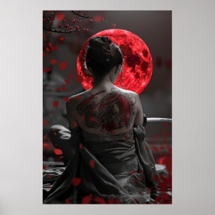 Japansk samurajkvinna med tatuering under fullmåne poster