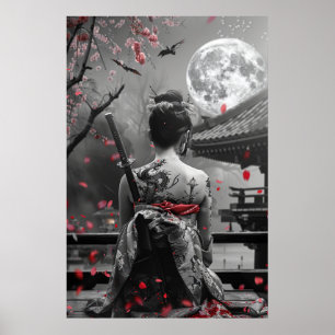 Japansk samurajkvinna med tatuering under fullmåne poster
