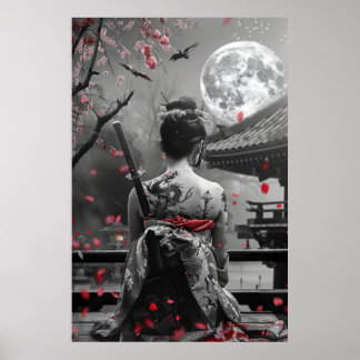 Japansk samurajkvinna med tatuering under fullmåne poster