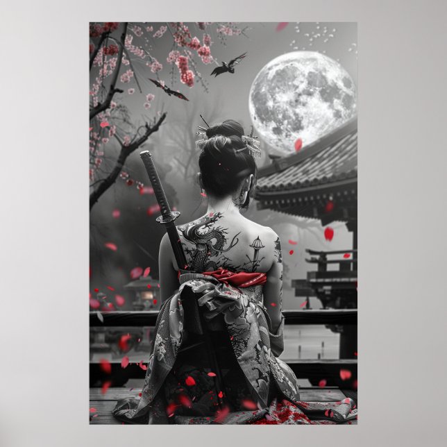 Japansk samurajkvinna med tatuering under fullmåne poster (Framsidan)