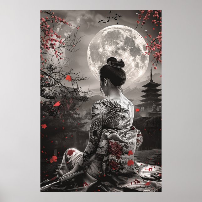 Japansk samurajkvinna med tatuering under fullmåne poster (Framsidan)