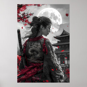 Japansk samurajkvinna med tatuering under fullmåne poster